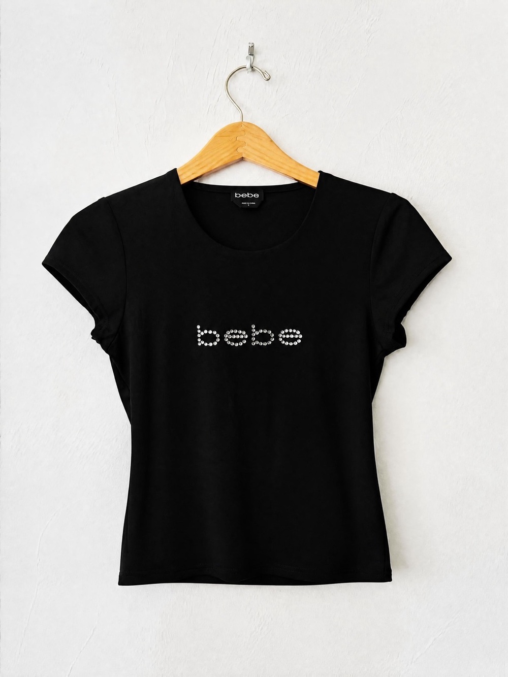 bebe Black Rhinestone Logo Short Sleeve Tee